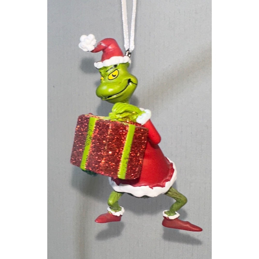 The Grinch Christmas Ornament‎ Dr Seuss Santa Suit Red Glitter Gift Box Holiday